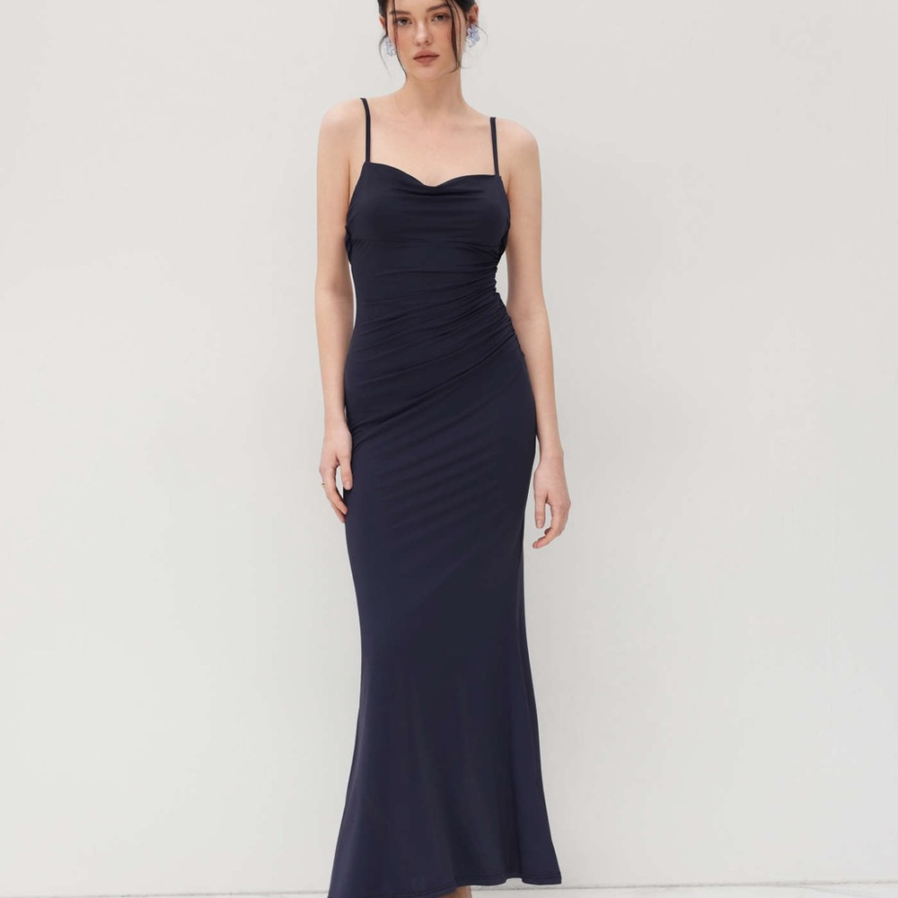 Cider COWL NECK RUCHED BACKLESS MAXI DRESS